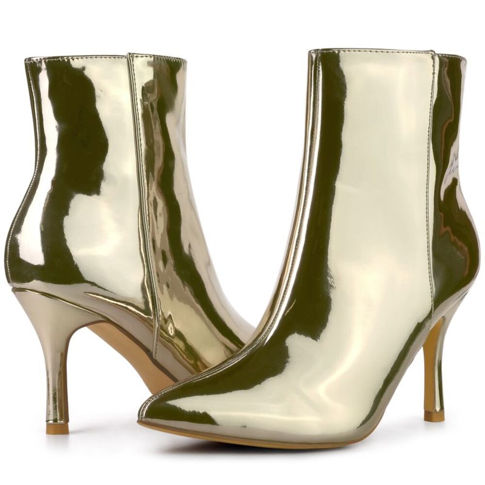 Gold Patent Boot Pointy Toe Stiletto Heel Ankle Boots